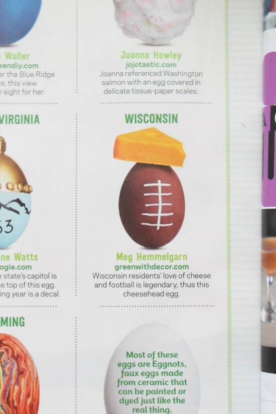 Green With Decor's Easter egg project featured in Food Network Magazine! Such a cute Easter egg DIY for football and Wisconsin lovers! So cute!