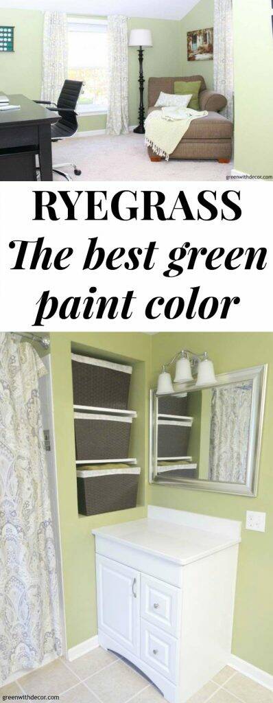 Bathroom and home office both painted with Ryegrass green paint. Text overlay says "Ryegrass, the best green paint color"