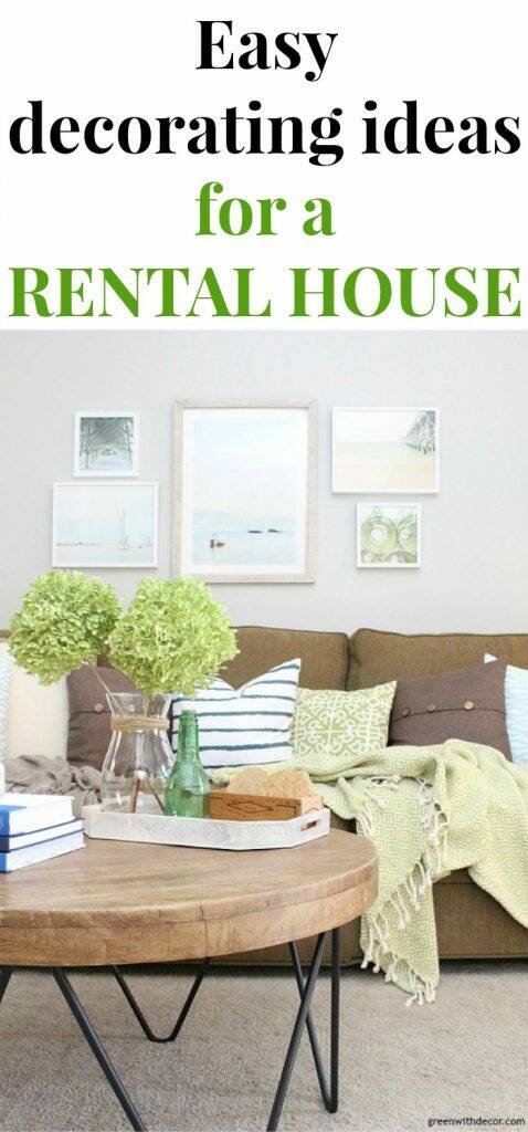 A coastal living room with text overlay, "Easy decorating ideas for a rental house"