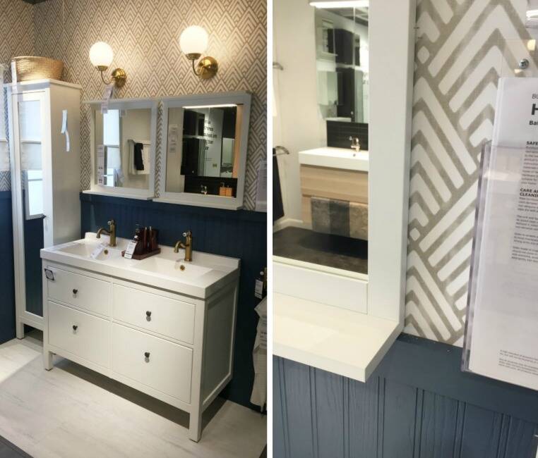 Bathroom with double mirrors and a gray vanity