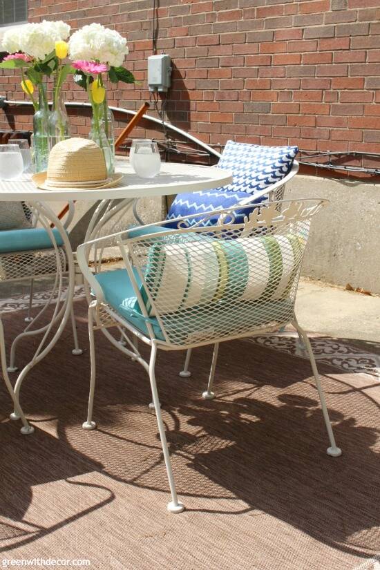 How To Paint Metal Patio Furniture Green With Decor   Painted Metal Patio Set Aqua Cushions Pillows Flower Centerpiece 3 