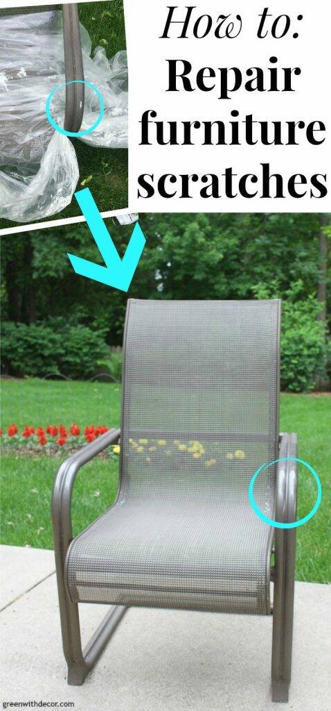 An outdoor patio chair with text overlay, “How to: Repair furniture scratches” 