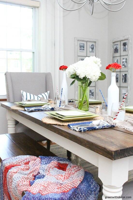 A Fourth of July table with white hydrangeas and red flowers