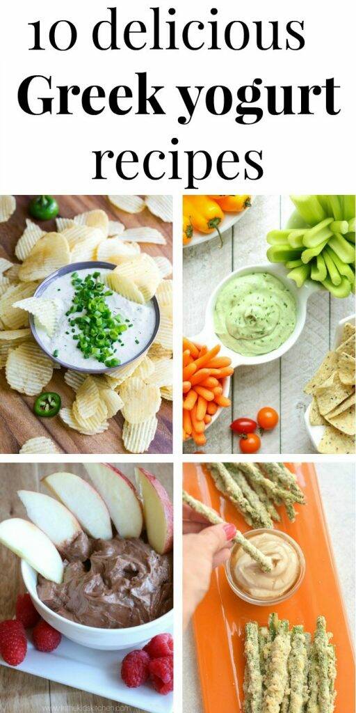Collage of four Greek yogurt dips with text overlay, “9 delicious Greek yogurt recipes”