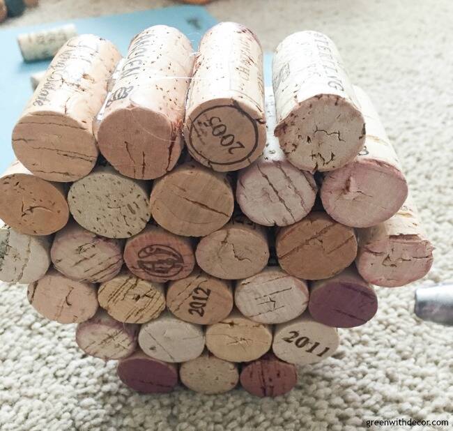 Wine corks stacked for a DIY pumpkin