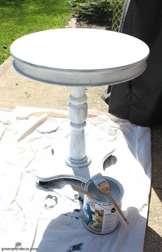 A round table makeover right after a coat of primer