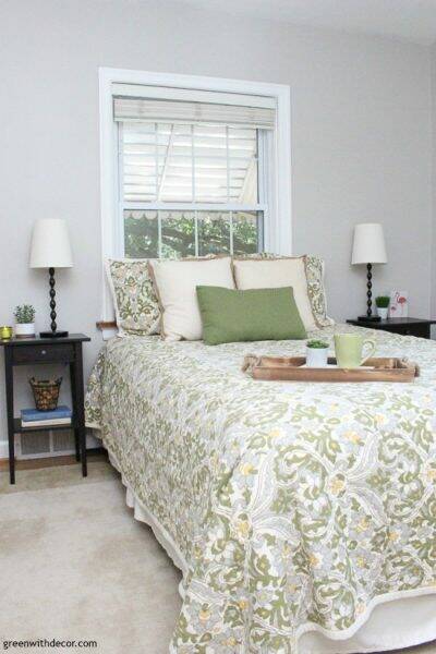 How to find your decorating style – a neutral, blue and green bedroom with gray walls