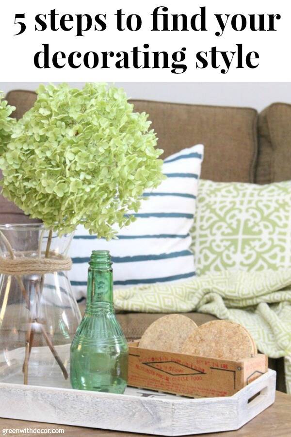 A coastal living room with green hydrangeas and pillows with text overlay, “How to find your decorating style”