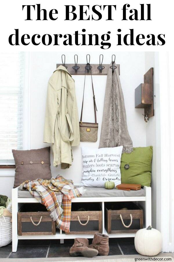 Fall mudroom with text overlay, "The best fall decorating ideas"