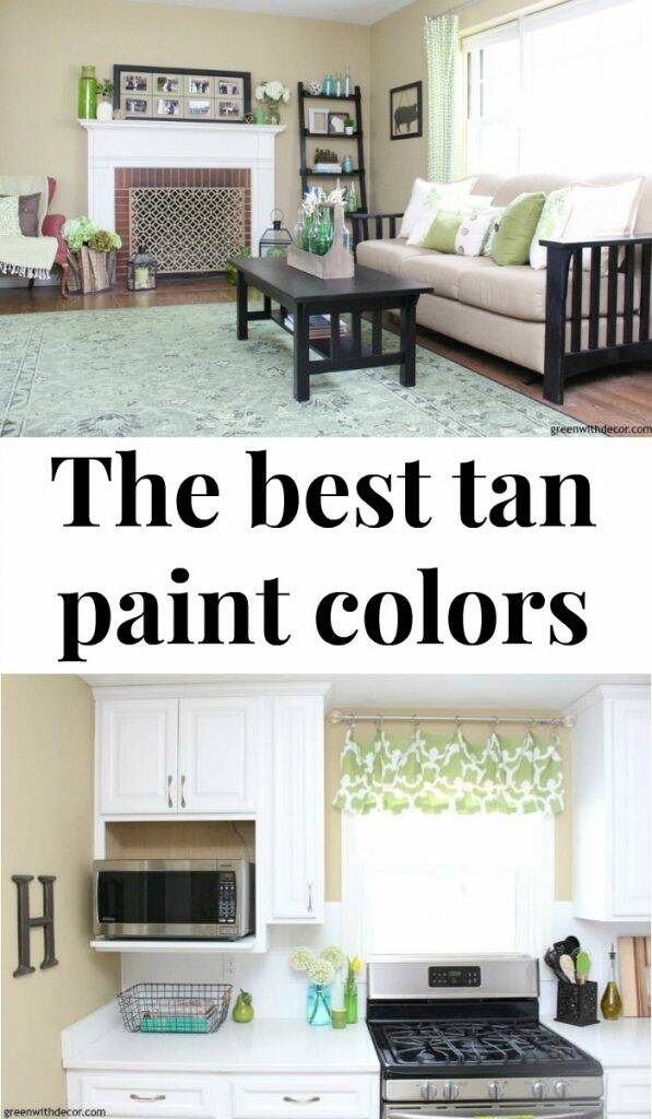 Tan painted walls in a living room and kitchen with text overlay, "The best tan paint colors"