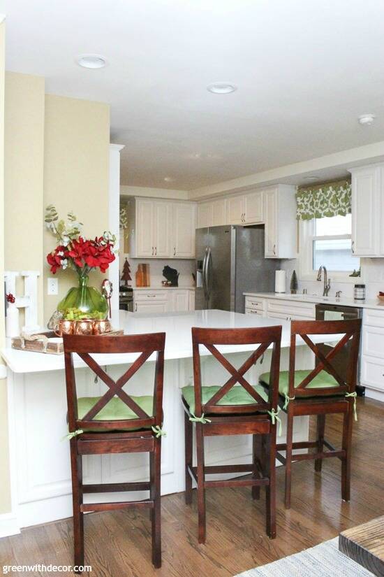 White kitchen decorated for Christmas