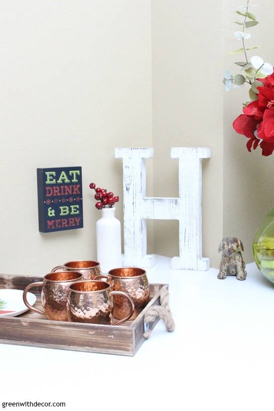 Christmas decorations in a white kitchen, moscow mule mugs