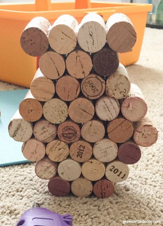 Corks lined up to make a DIY cork snowman
