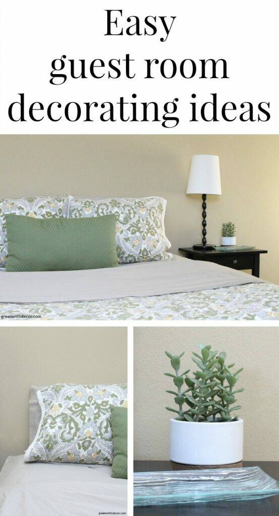 Neutral, blue and green guest bedroom with text overlay, "Easy guest room decorating ideas"