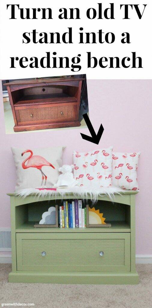 An old TV stand turned nursery book storage - Green With Decor