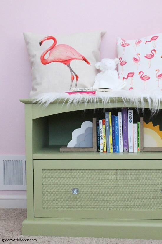 An old TV stand turned nursery book storage - Green With Decor