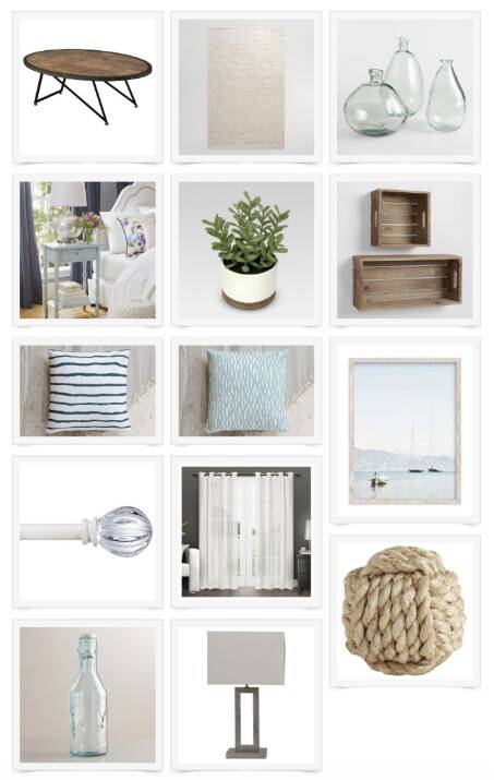 Collage of items for a casual coastal family room design