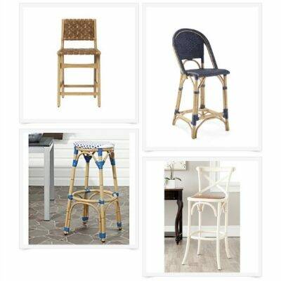 Collage of four blue and wood coastal barstools