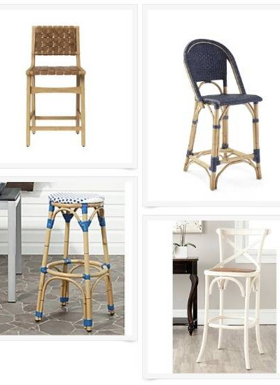 Collage of four blue and wood coastal barstools
