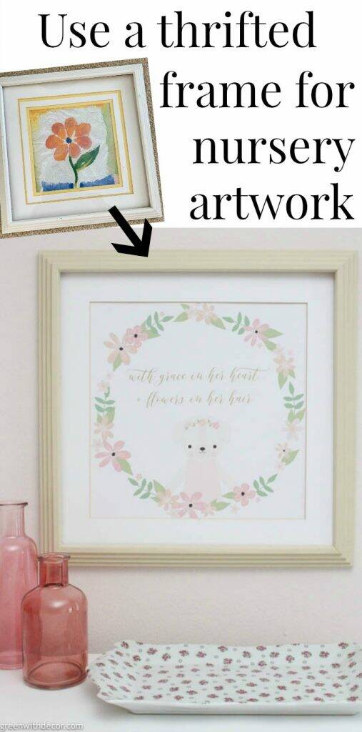 Cute nursery artwork with text overlay, "Use a thrifted frame for nursery artwork"