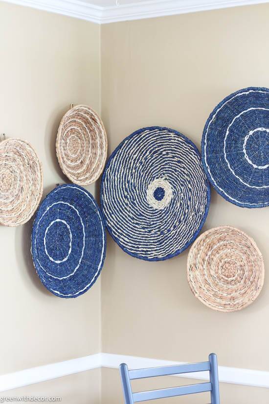 Tan, blue and white seagrass basket gallery wall