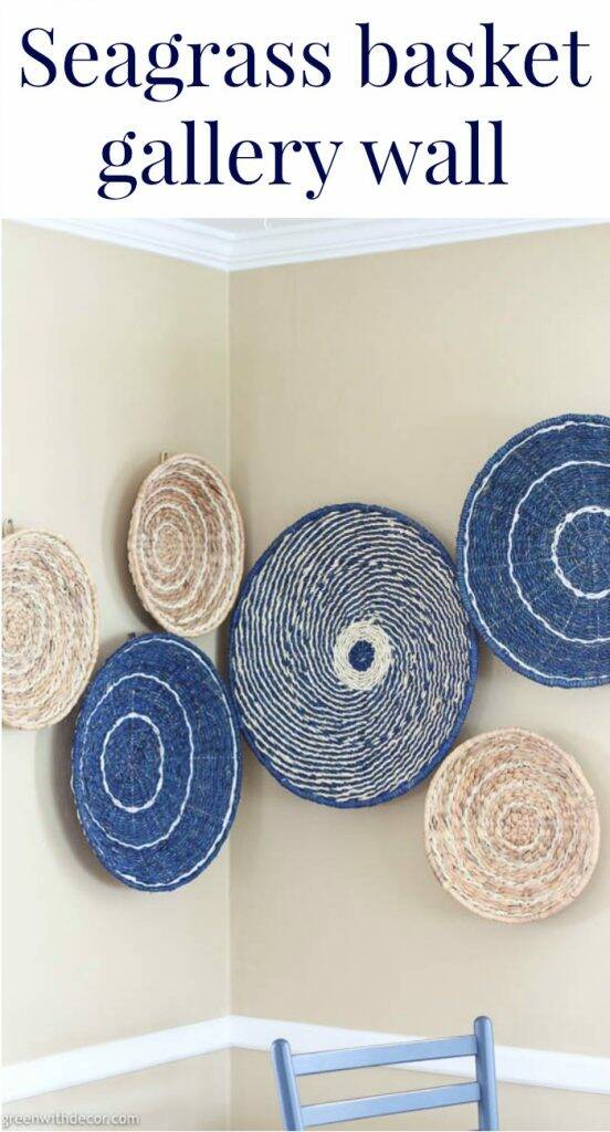 Navy and tan basket gallery wall with text overlay, "Seagrass basket gallery wall"