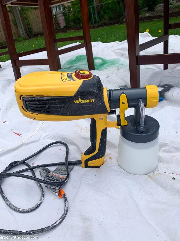 A Wagner paint sprayer sitting by barstools