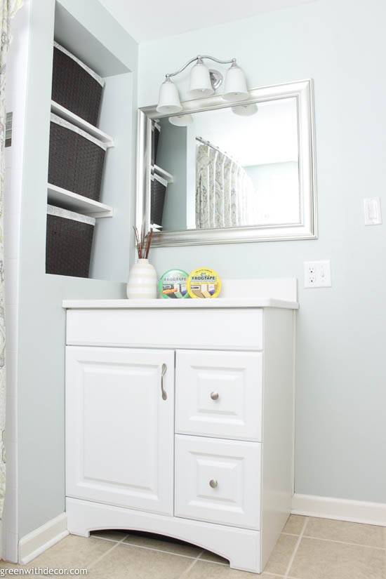 A blue coastal bathroom after fresh paint