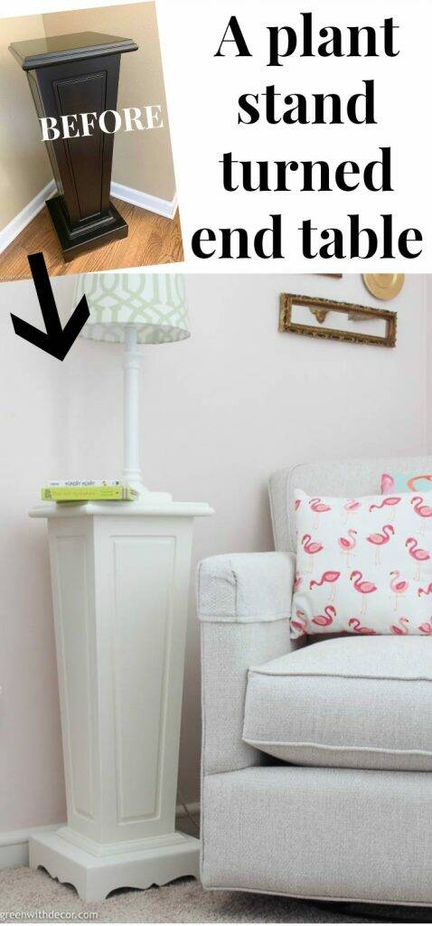 Before/after collage of plant stand with text overlay, "A plant stand turned end table"