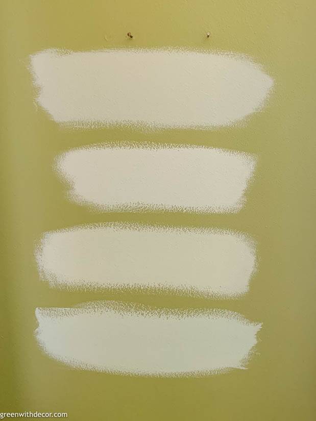 Paint samples of Sherwin Williams' Sea Salt, Topsail, Opaline and Dewey