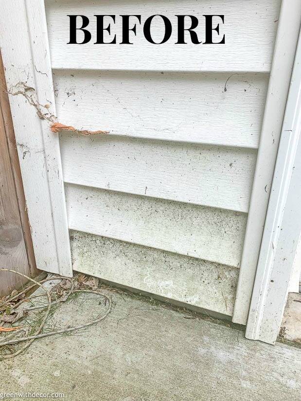 Garage siding before being cleaned with a pressure washer