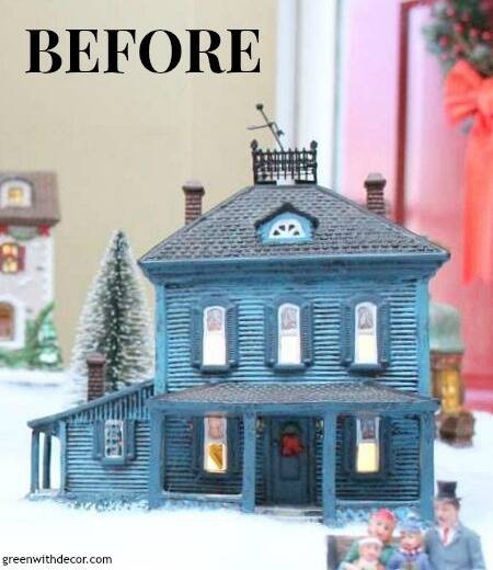 Blue Christmas village house with text overlay, "before"