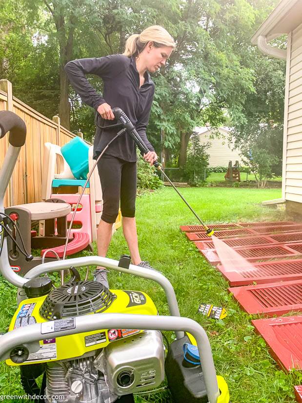 Pressure washing red shutters