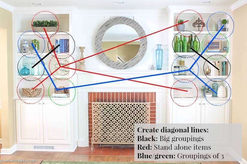 How to decoraet bookshelves graphic: decorate with pieces on a diagonal for a unique, put together look!