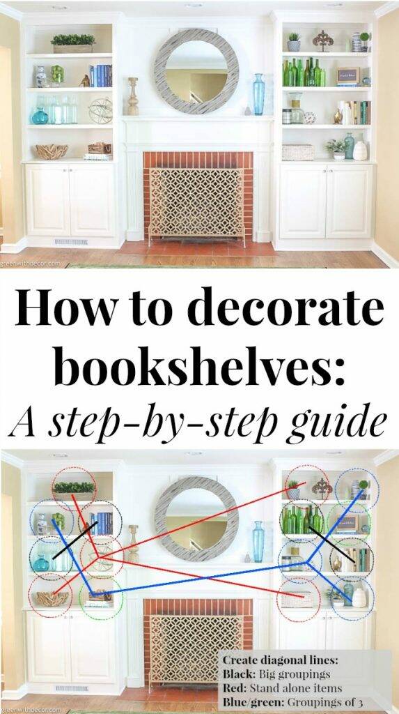 White bookshelves with text overlay, "How to decorate bookshelves: A step-by-step guide"