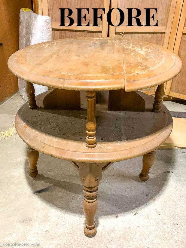 An ugly old table before a two tier table makeover