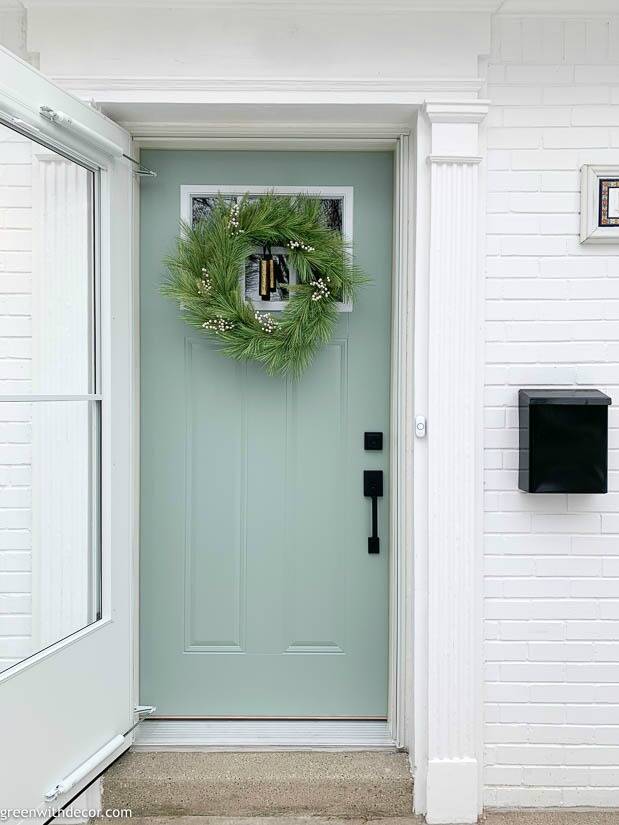 Hanging wreath on glass shop door