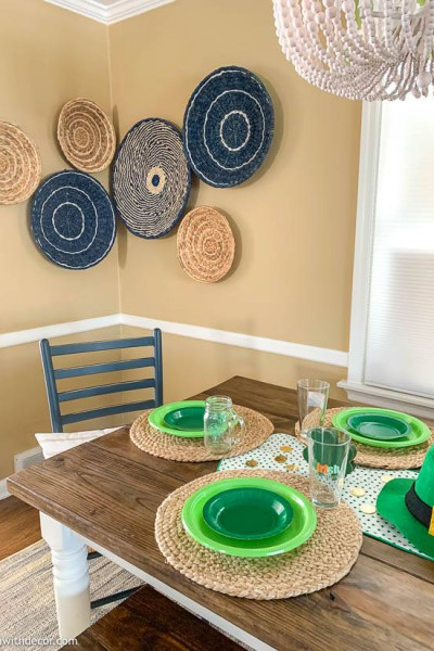 St. Patrick's Day centerpiece in coastal dining room