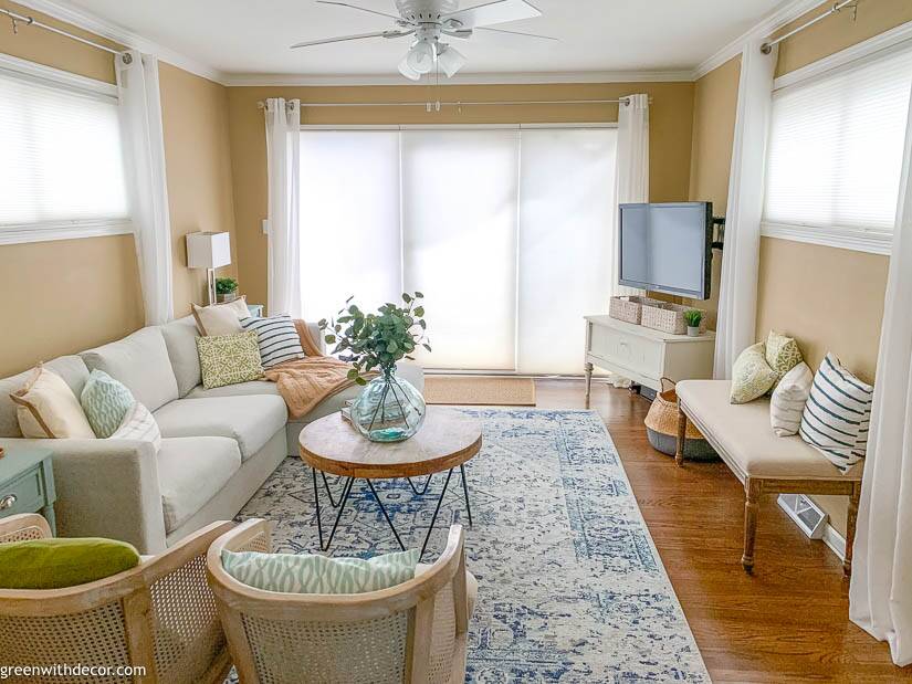 Casual coastal family room makeover reveal - Green With Decor