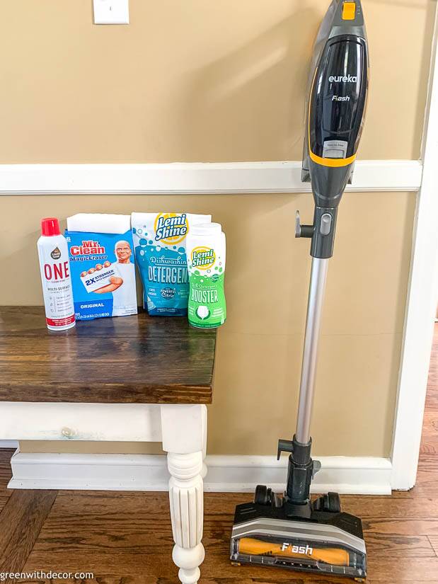 Magic Erasers, dishwasher detergent, foaming cleanser and a Eureka vacuum