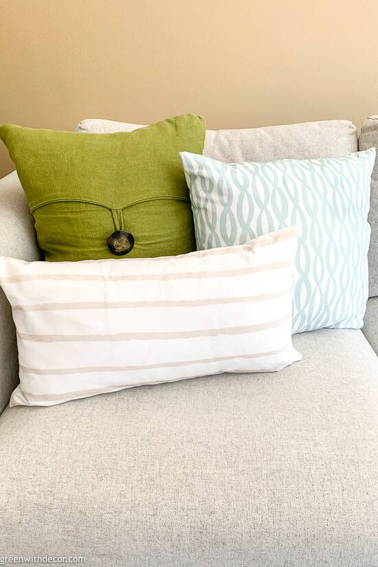 Green blue + tan mix/matched throw pillows