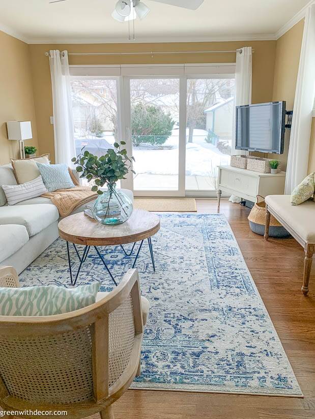 Blue, tan and white family room