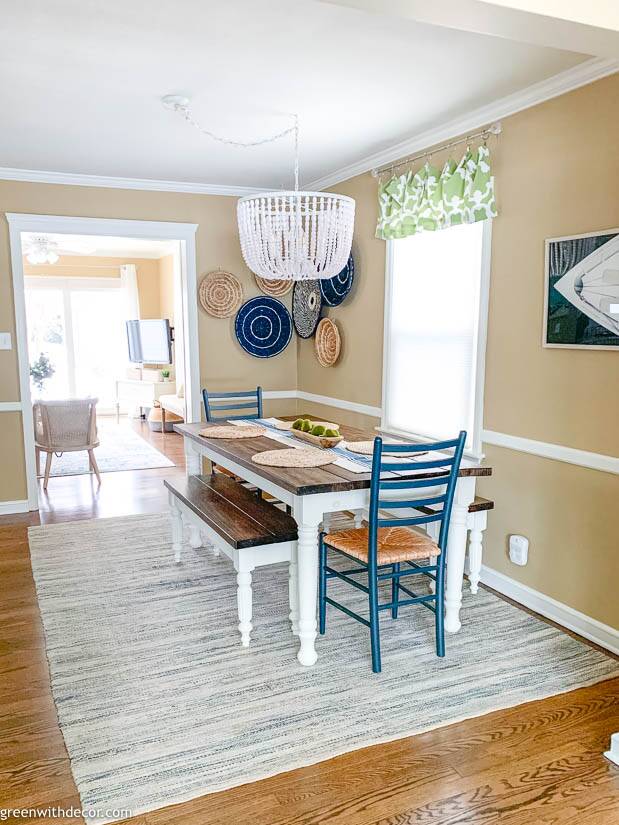 Rug size in dining room with boho coastal decor