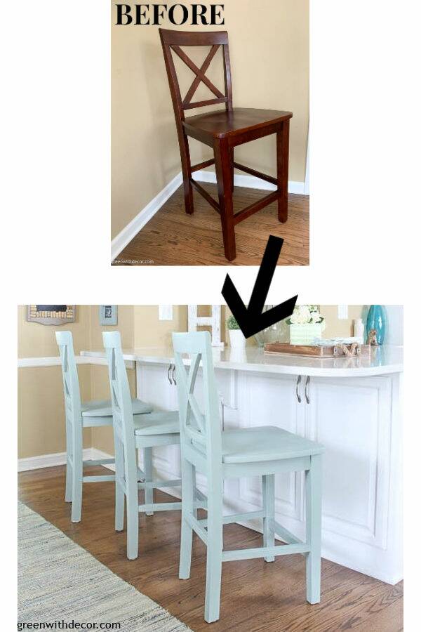 Before/after blue painted barstool makeover