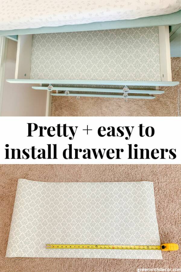Collage images with text overlay,"Pretty + easy to install drawer liners"