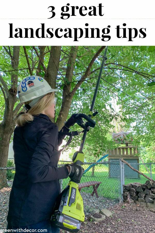 Girl trimming tree with text overlay, "3 great landscaping tips"
