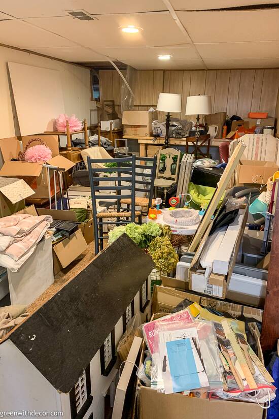 Cluttered basement before kid-friendly basement makeover