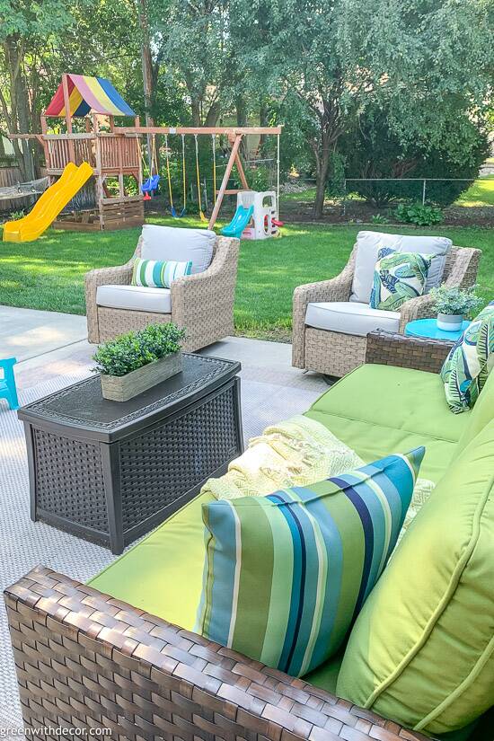 Family-friendly green + blue backyard and patio