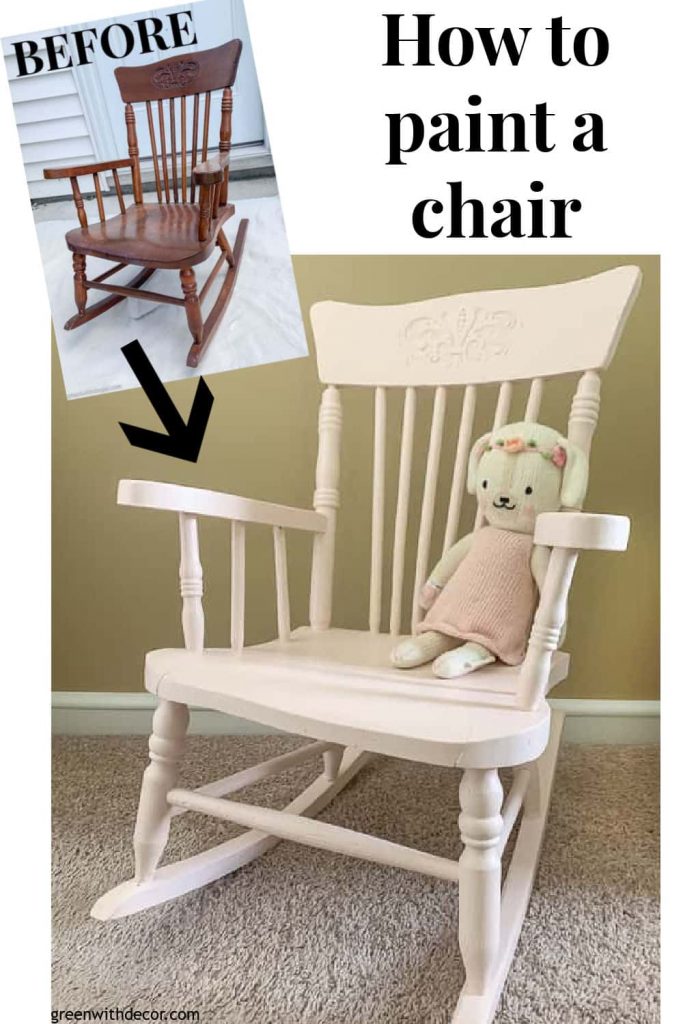 Before/after chair images with text overlay, "How to paint a chair"