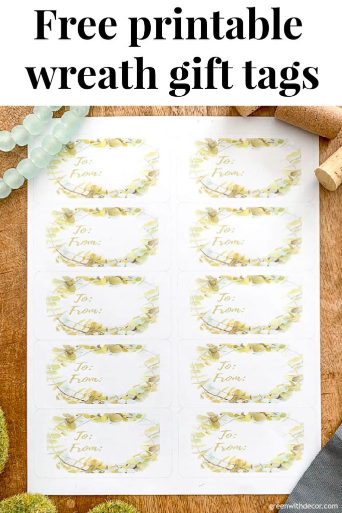 Free wreath gift tags with text overlay, "Free printable wreath gift tags"